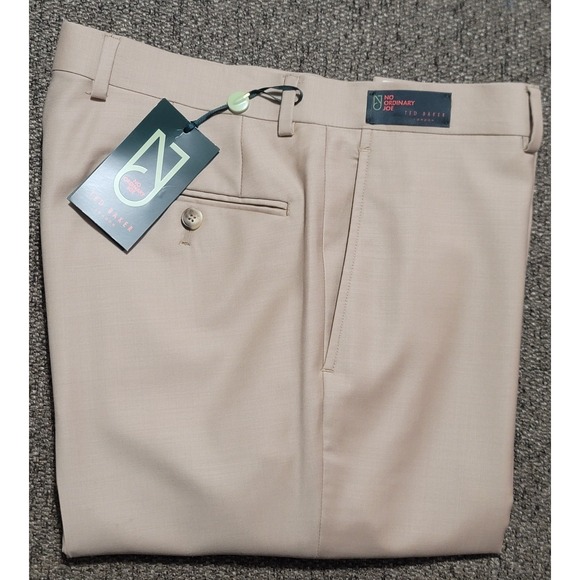 $178 NWT Ted Baker 100% Wool Tan FF Dress Pants  "No Ordinary Joe" Size 36 R - Picture 1 of 6